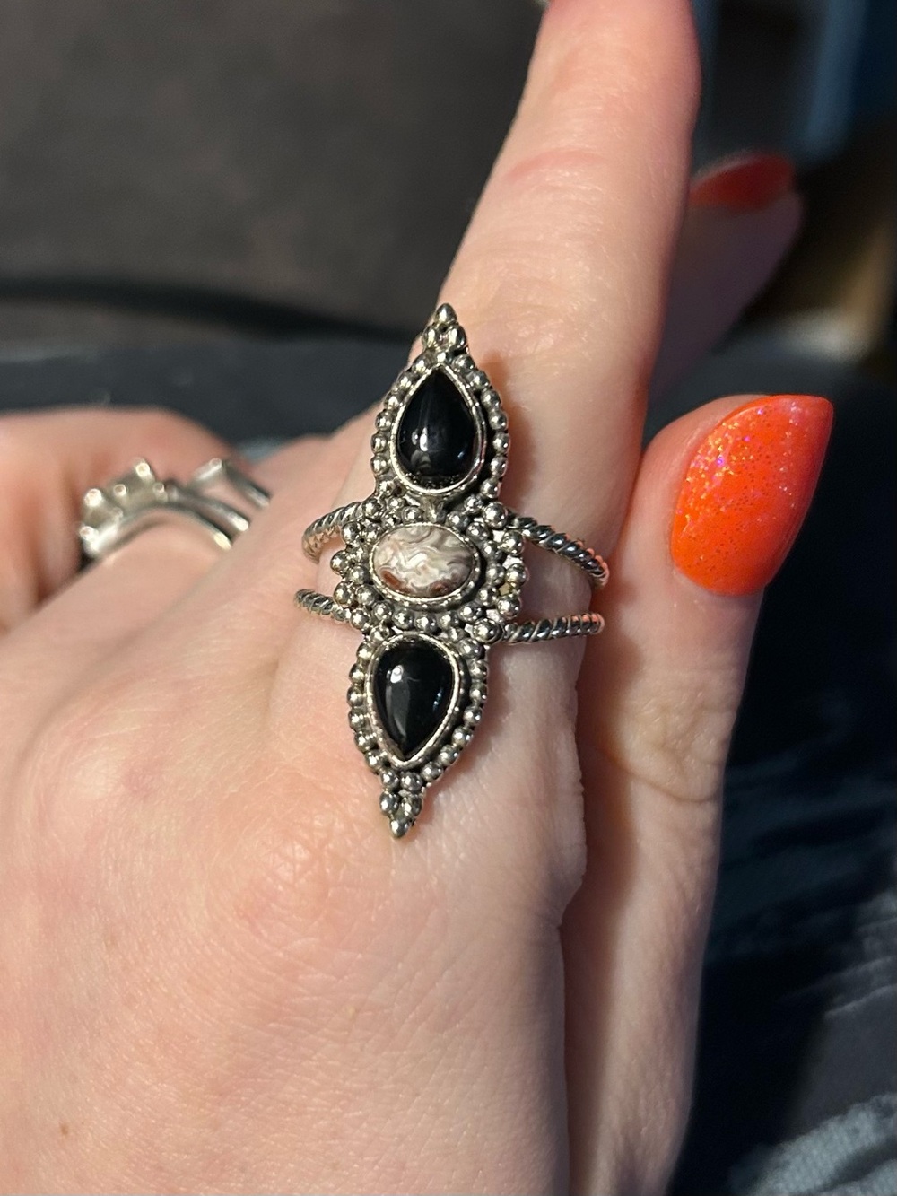 Sterling-Style Black Onyx and White Jasper Marquise Ring